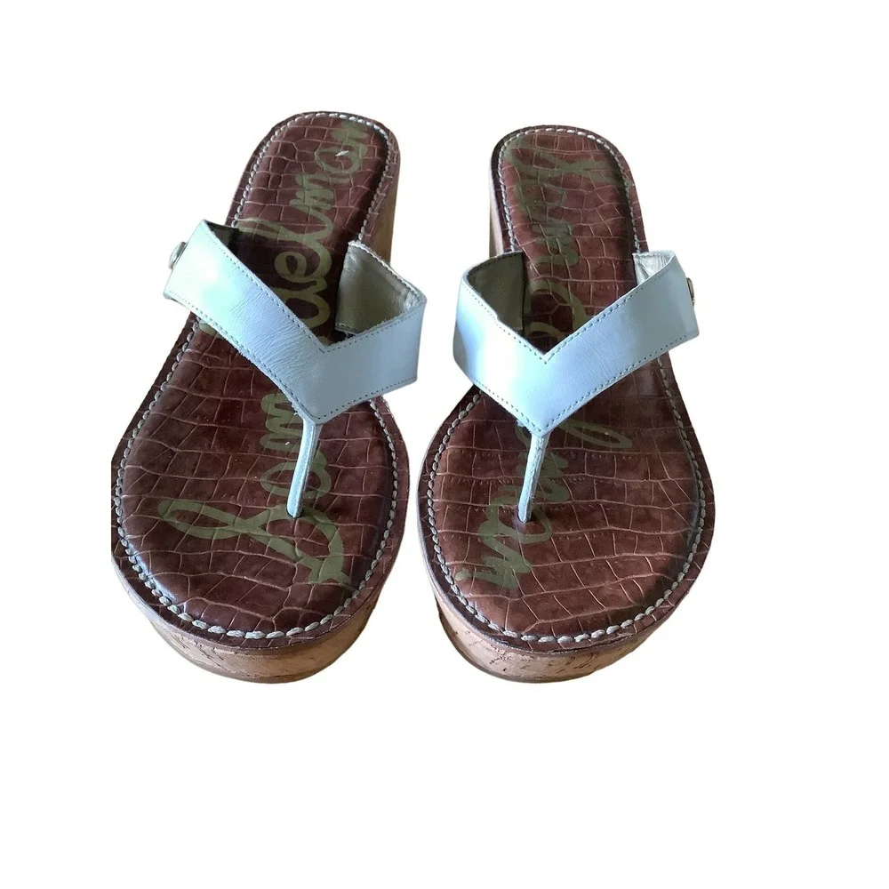Sam Edelman “Romy” White Leather Thong Style Wedge Sandals 10M - Picture 2 of 9